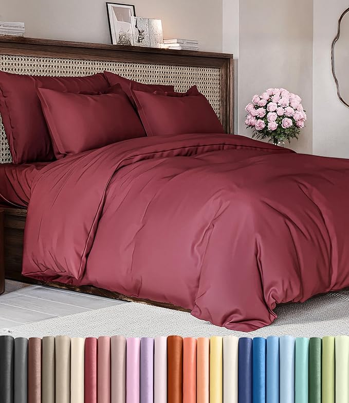 Duvet Cover Full Size Set - Extra Soft Full Duvet Cover 80" x 90" with 2 Pillow Shams - Hotel Luxury, Easy Care & Fade Free w/ Zipper Closures & Ties - All Season, Comfy, Cozy & Breathable (Burgundy)