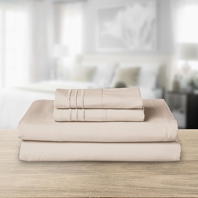 Elegant Comfort Luxurious 1500 Premium Hotel Quality Microfiber Three Line Embroidered Softest 4-Piece Bed Sheet Set, Wrinkle and Fade Resistant, Queen, Cream