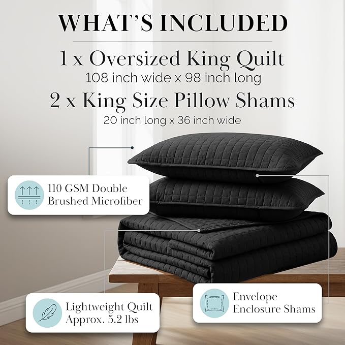 Southshore Fine Living, Inc. Oversized King Quilt Bedding Set, Microfiber Quilts, Pet Hair Resistant Bedding, Oversized King Size Quilt Set w/2 Pillow Shams, Black Bedspread & Coverlet Sets