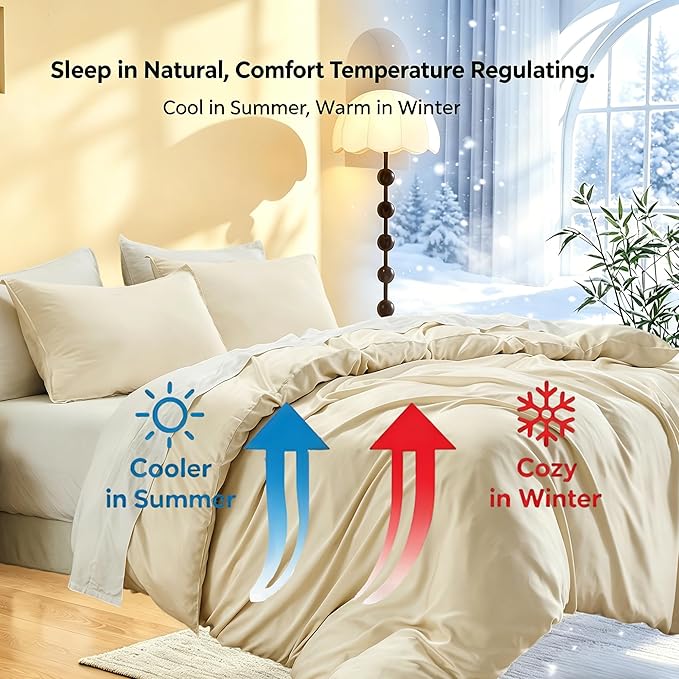Simple&Opulence Cooling Duvet Cover Set Queen Size, 3 Pcs 100% Viscose Derived from Bamboo Hotel Luxury Silky Bedding Set, Breathable Soft Comforter Cover for Hot Sleeper with 2 Pillowcases(Beige)