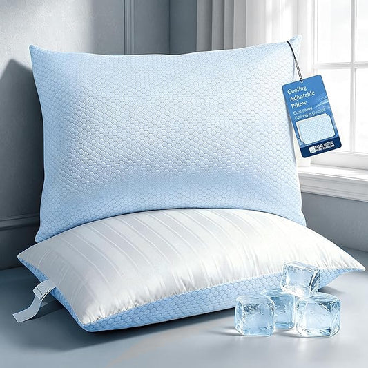 Blue Ridge Home Fashions Luxury Hotel Quality Cooling Pillows King Size Set of 2, Soft Medium 500 Thread Count Damask Stripe Embroidered 100% Cotton Cover, Down Alternative