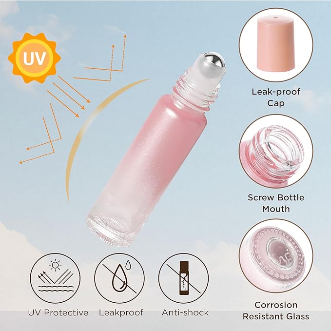 SESENSE Essential Oil Roller Bottles, 10ml Thick Glass Perfume Roller Bottles with Funnel Opener and Dropper Colored Glass Empty Bottles with Stainless Steel Roller Balls (Pink, 12 Pack)