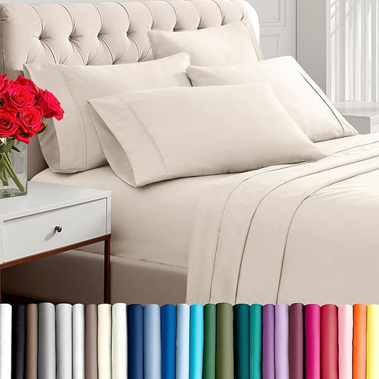Bare Home Hotel Luxury Cal King Sheet Set, Extra Soft, 6 Piece Set, Deep Pockets, Easy Fit, Cooling & Breathable, Wrinkle, Fade, Stain Resistant, Includes 4 Pillowcases (California King, Sand)