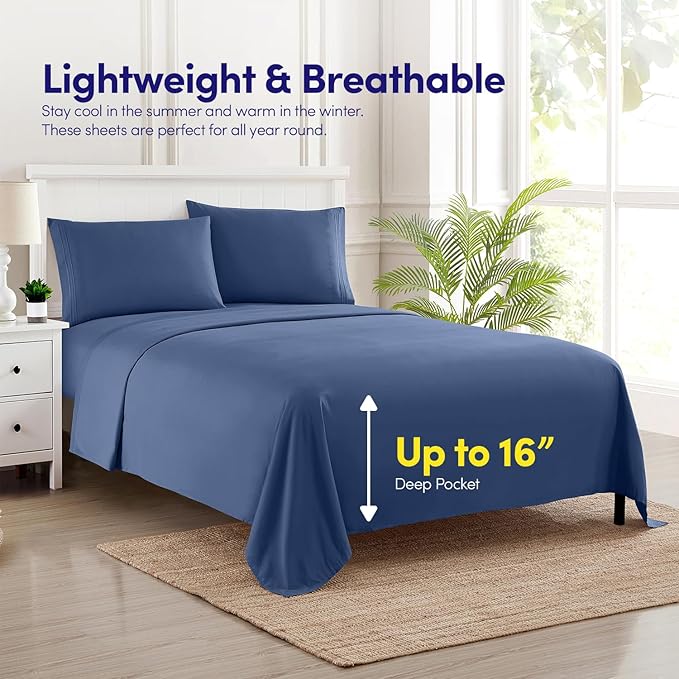 1500 Supreme Collection Full Sheet Sets Denim Blue - Luxury Hotel Bed Sheets and Pillowcase Set for Full Mattress - Extra Soft, Elastic Corner Straps, Deep Pocket Sheets, Full Denim Blue
