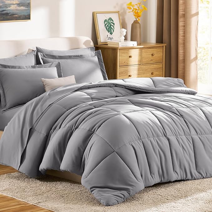 CozyLux Queen Comforter Set Grey - 7 Pieces Bed in a Bag Queen, All Season Breathable Bedding Sets, Oeko-Tex Certified Bed Set with Down Alternative Comforter, Sheets, Pillowcases & Pillow Shams