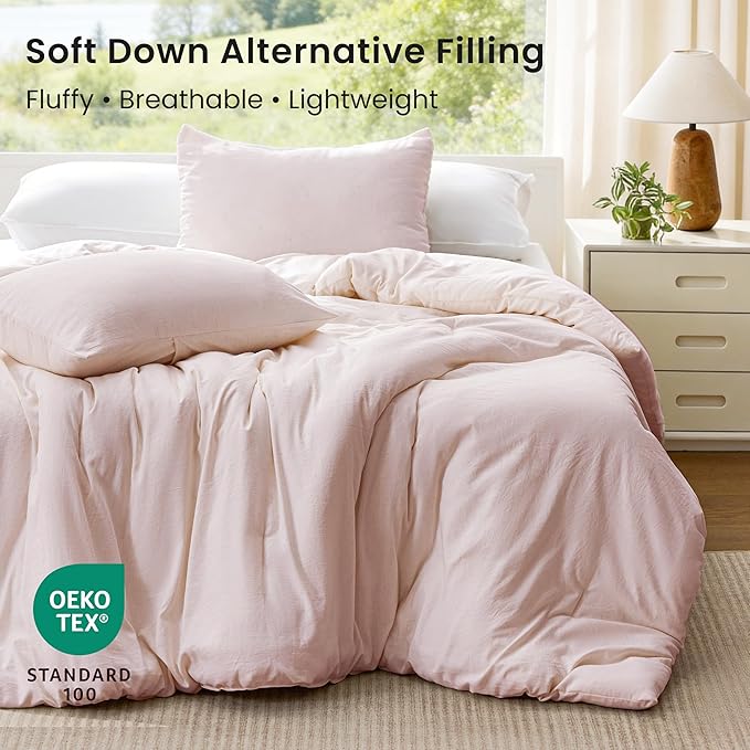 Love's cabin King Size Comforter Set Pink, 3-Piece 90% Polyester 10% Linen Blend Bedding Set, Linen-Look Textured Stripe, Down Alternative All-Season Comforter with Pillow Shams | Soft, Breathable, Lightweight