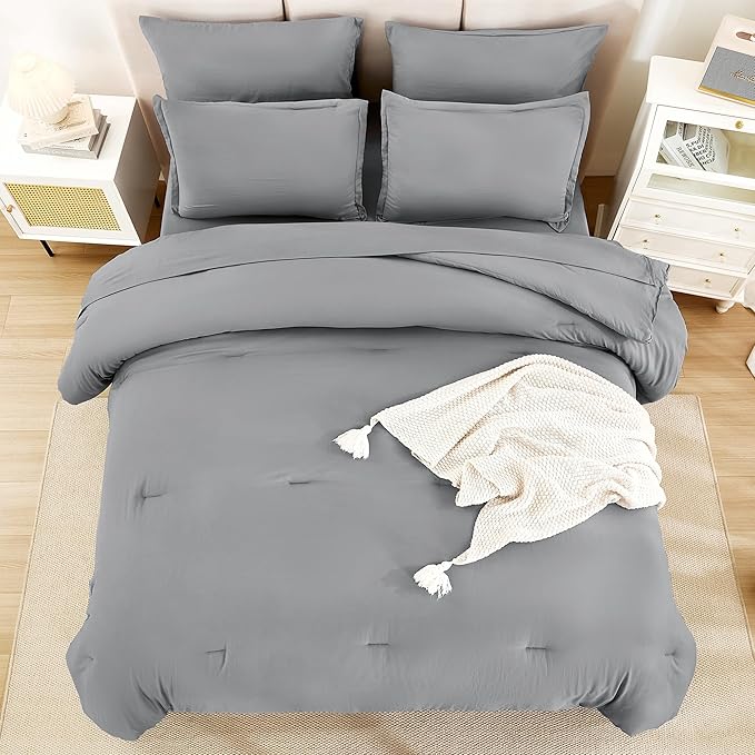 Litanika California King Comforter Set Medium Gray - 7 Pieces Bed in a Bag Cal King Bedding Comforter Sets, Plain Lightweight Bed Set with Comforter, Sheets, Pillowcases & Shams