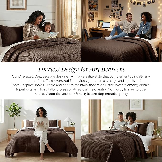 Southshore Fine Living, Inc. Full/Queen Quilt Bedding Set, Comfy Microfiber Coverlet, Queen Size Bedspread, Pet Hair Resistant Bedding, Full Size Bedspread w/2 Shams, Chocolate Brown Quilt