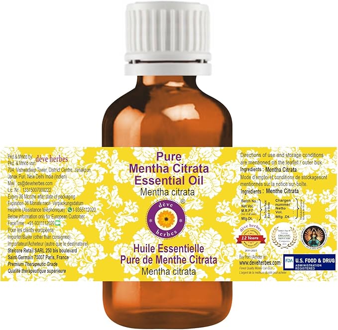 Deve Herbes Pure Mentha Citrata Essential Oil (Mentha citrata) Steam Distilled (Pack of Two) 100ml X 2 (6.76 oz)