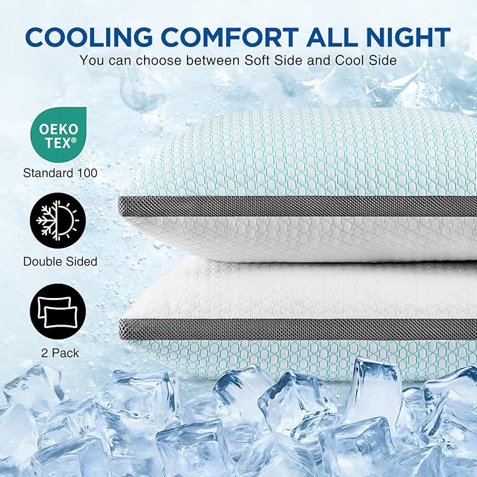 Cooling Pillows Queen Size Set of 1, Shredded Memory Foam Pillows 1 Pack, Bed Pillow for Hot Sleepers Adjustable Firm Pillow for Side, Back and Stomach Sleepers, Machine Washable