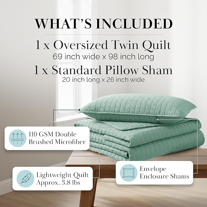Southshore Fine Living, Inc. Twin Quilt Coverlet Bedding Set, Soft Brushed Microfiber Bedspread, Stain and Pet Hair Resistant Bedding, XL/Twin Blue Quilt Comforter Set with 1 Pillow Sham, Steel Blue