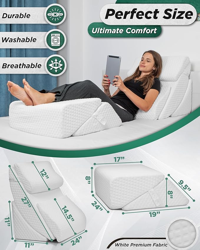 Lunix LX13 6-Piece Post-Surgery Recovery System, Orthopedic Bed Wedge Pillow Set for Tummy Tuck & Back Comfort, Zero-Gravity Memory Foam, Pebble White