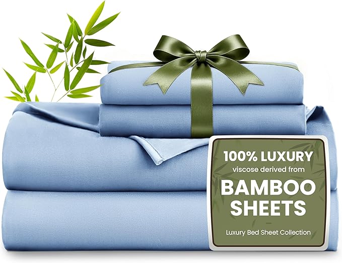 Love's cabin 4 Piece King Size Sheet Set, 100% Rayon Derived from Bamboo, Cooling & Breathable, Soft Silky Deep Pocket up to 16", Hotel Luxury Bedding for Hot Sleepers, Mineral Blue