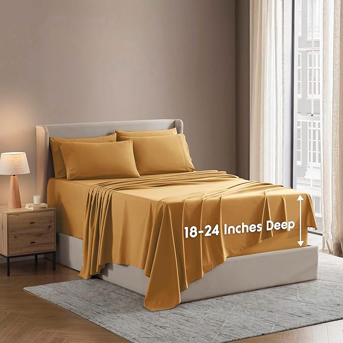 Nestl Extra Deep Full Sheet Set - 6 Piece Breathable & Cooling Sheets - Hotel Luxury Bedding Set w/18-24 Inch Deep Pockets - Easy & Secure Fit - Super Soft, Wrinkle Free & Comfy - Camel Gold