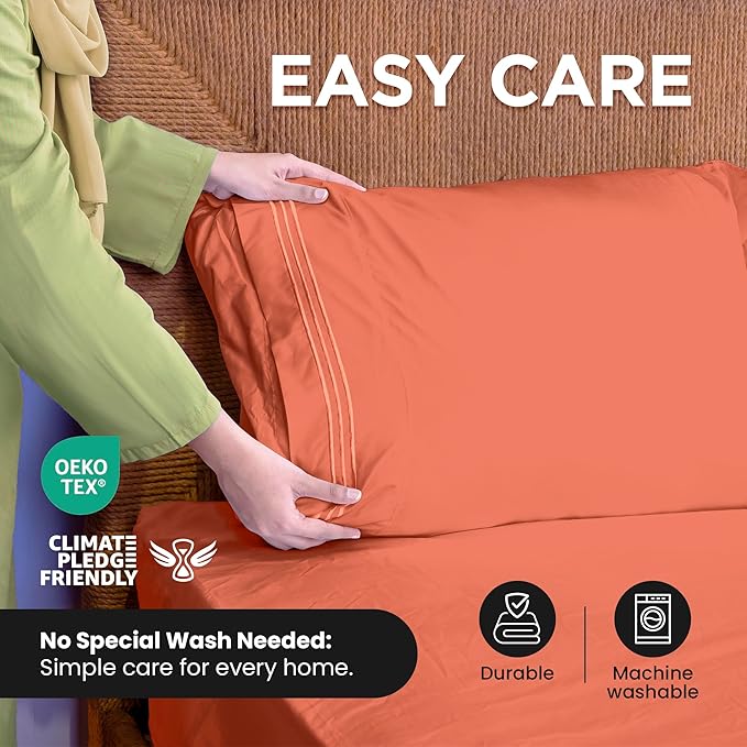 ROYALE LINENS 4 Piece King Sheets Set - Soft Brushed 1800 Microfiber Bedding - 1 Fitted and 1 Flat Sheet, 2 Pillow Cases - Wrinkle Free & Fade Resistant - Hotel Luxury Bed Sheets Set (Coral, King)