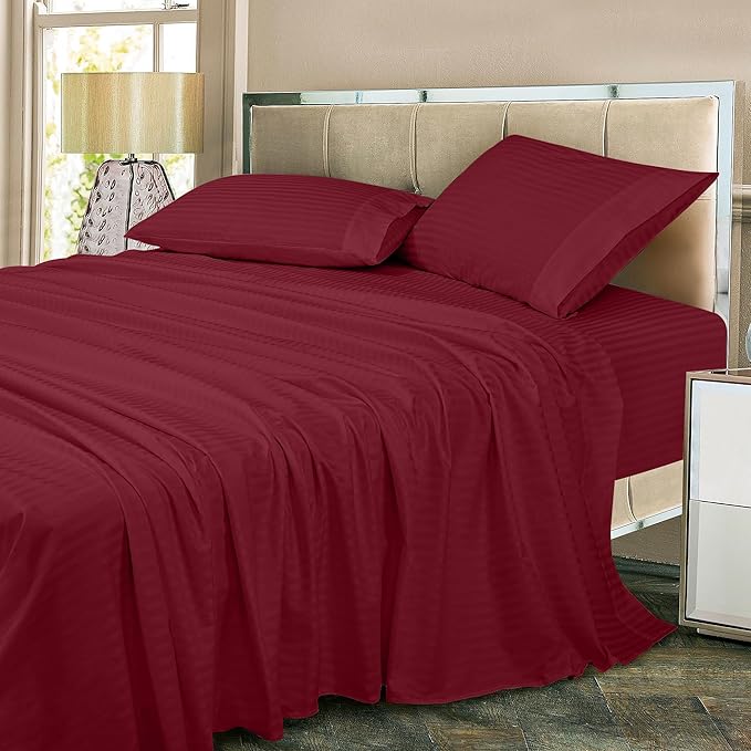 ROYALE LINENS 300 Thread Count 100% Long Staple Combed Cotton Printed Sheet Set - 3 Piece Twin Bed Sheets - 1 Fitted, 1 Flat & Pillow case -Soft Cool & Crisp Sheet Set (Twin, Stripe Burgundy)