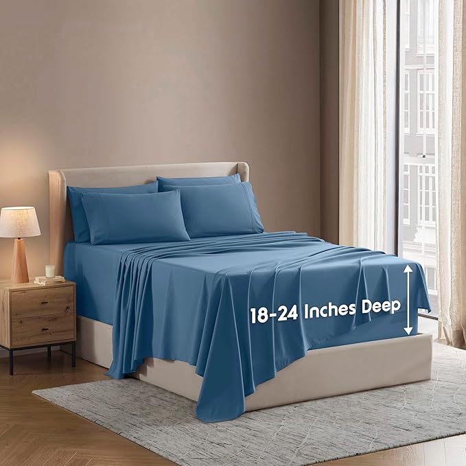 Nestl Extra Deep King Sheet Set - 6 Piece Breathable & Cooling Sheets - Hotel Luxury Bedding Set w/18-24 Inch Deep Pockets - Easy & Secure Fit - Super Soft, Wrinkle Free & Comfy - Blue Heaven