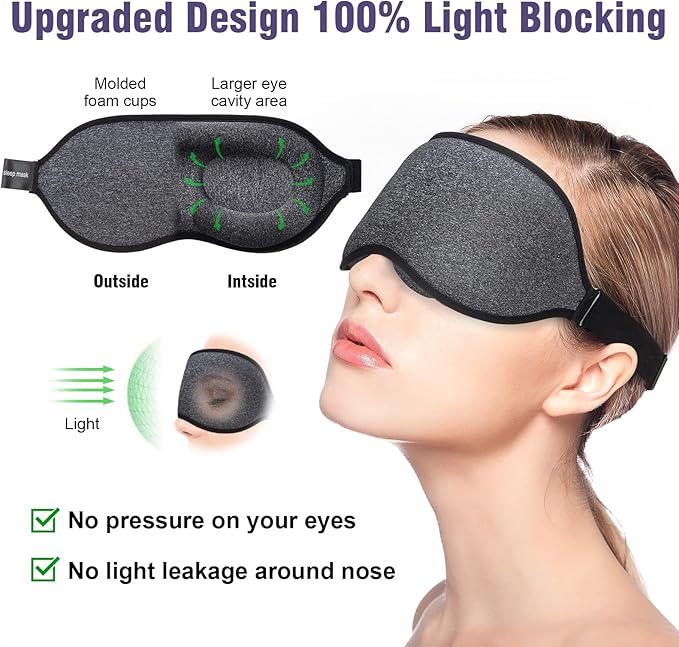 YIVIEW Sleep Mask for Side Sleeper, Block Out Light, Eyelash Extensions Friendly 3D Contoured Sleeping Eye Mask, Soft Breathable Night Blindfold with Adjustable Strap, Lightweight Eye Cover Gray