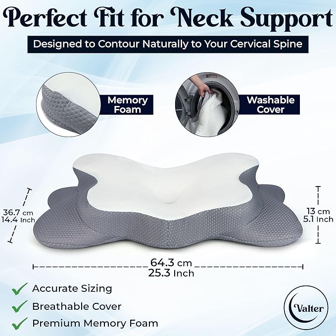 VALTER Cervical Neck Pillow for Pain Relief, Ergonomic Side Sleeper Pillow for Neck Support, Cooling Memory Foam Pillow for Sleeping, Contour Orthopedic Bed Pillow for Back and Stomach Sleepers