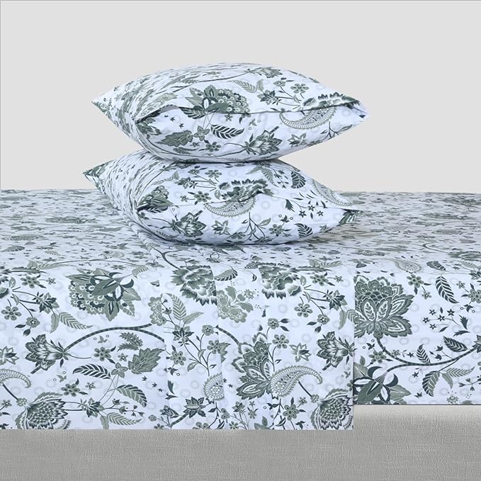 Feather & Stitch Softest 100% Cotton Sheets, 300 Thread Count Percale Weave Bedding, 16" Deep Pocket, Cooling Sheets, Breathable Bed Set, Hotel Premium Quality (Full, Green Floral Paisley)