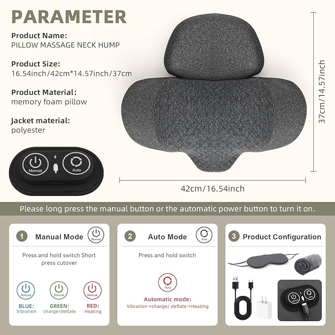 3-in-1 Neck Massager Pillow with Heat, Vibration and Cervical Traction, Ergonomic Neck Support Aid and Neck Support Pillow for Pain Relief, Deep Tissue Neck and Shoulder Massager