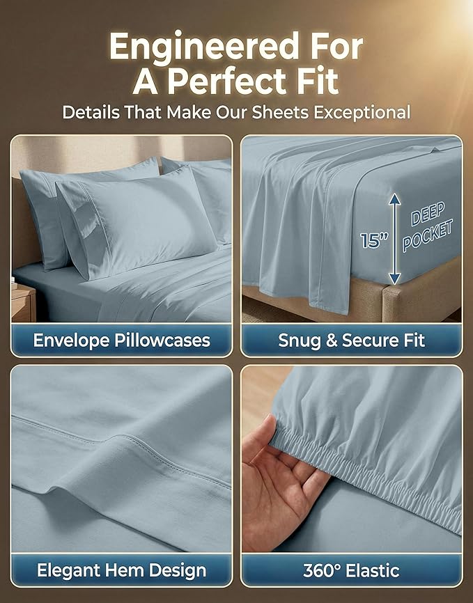 LANE LINEN King Bed Sheets – 600 Thread Count Long-Staple 100% Cotton King Size Bed Sheets, Hotel Luxury Soft Silky Sateen Weave, Durable for Daily Use, Fully Elasticized 15" Deep Pocket – Blue