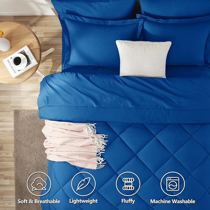 CozyLux Oversized Queen Comforter Set Classic Blue - 7 Pieces Bed in a Bag Comforter Set with Sheets, Luxury Soft Bed Set, Bedding Set with Down Alternative Comforter, Sheets, Pillowcases & Shams