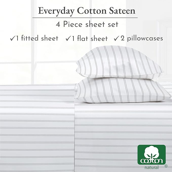 California Design Den Stripe Sheets Queen Size, 100% Cotton Sateen Printed Pattern, Deep Pocket Queen Sheets & Pillowcase Set - Classic Stripe