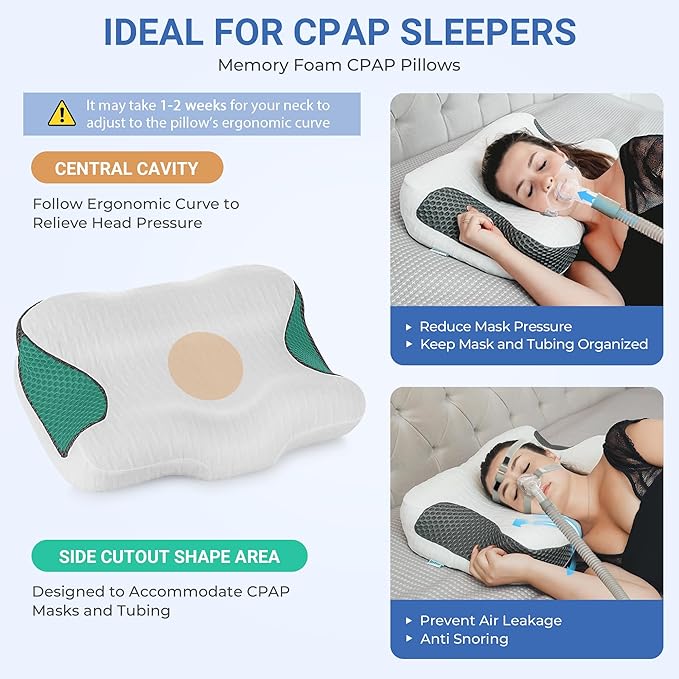 Elviros 2 Pack CPAP Pillow for Sleeping, Ergonomic Adjustable Height Neck Support Memory Foam Bed Pillow for CPAP Users with Sleep Apnea, Suitable for Side and Back Sleepers