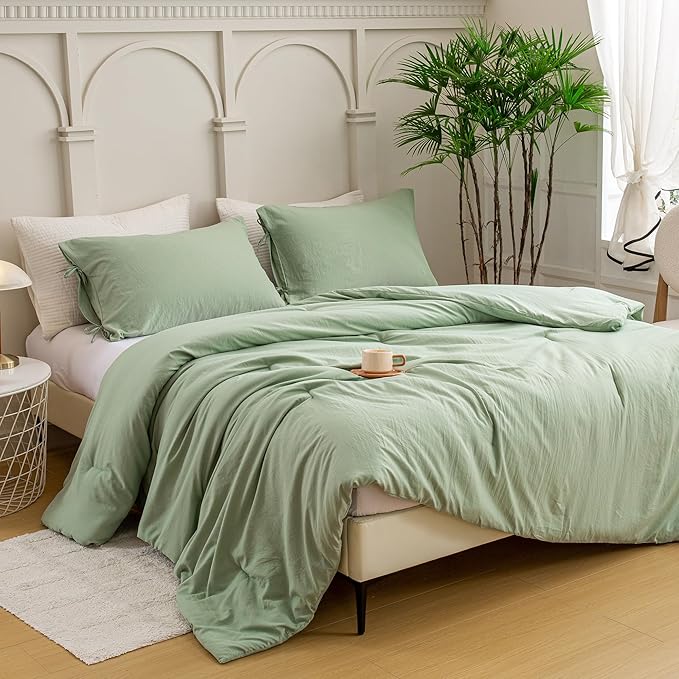 Ultra-Soft Queen Size Comforter Sets - Comfy Cozy Washed Polycotton - 3 Piece Comfort Fluffy Bed Blanket Down Alternative Comforter & Pillowcase - Lightweight but Warm All Season, Sage Green