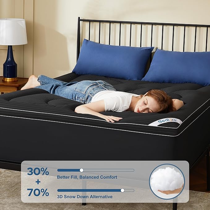 BEDLORE Queen Mattress Topper, Thick Pillow Top Pad for Back Pain Relief, Soft Mattress Cover with Deep Pockets 6-18 inch(Black)
