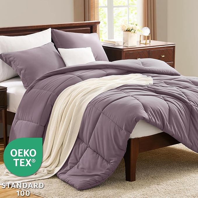 CozyLux King Size Comforter Set - Dusty Purple Comforter King Size, 3 Pieces Box Stitched Bed Set for All Seasons, Soft Lightweight Bedding Sets with 1 Down Alternative Comforter and 2 Pillow Shams