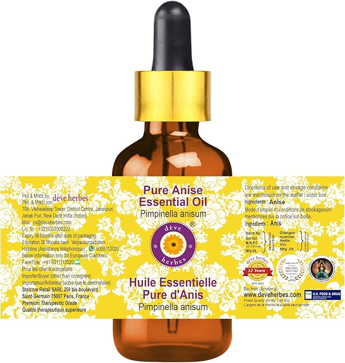 Deve Herbes Pure Anise Essential Oil (Pimpinella anisum) with Glass Dropper Steam Distilled (Pack of Three) 100ml X 3 (10 oz)