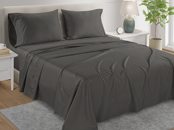 100% Cotton Sheets California King Size Sheets Set with Fitted Sheet & Pillowcase Sets, 800TC Sateen Weave 4PC 15" Deep Pocket CalKing Sheet Set, Soft & Comfy Luxury Bedding - Charcoal