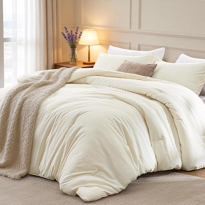 Love's cabin Queen Comforter Set Beige, 3-Piece 90% Polyester 10% Linen Blend Bedding Set, Linen-Look Textured Stripe, Down Alternative All-Season Comforter with Pillow Shams | Soft, Breathable, Lightweight