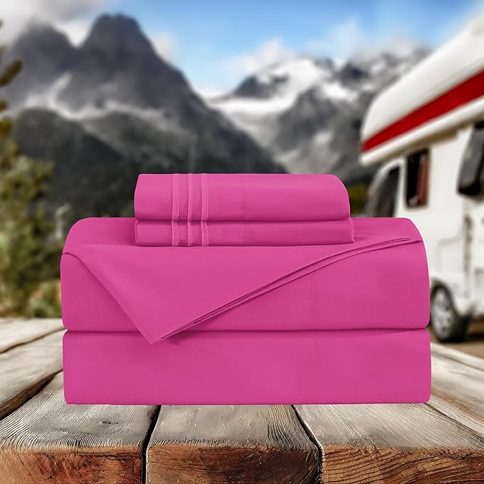 Elegant Comfort Luxurious 1500 Premium Hotel Quality Microfiber Three Line Embroidered Softest 4-Piece Bed Sheet Set, Wrinkle and Fade Resistant, RV Short Queen, Pink