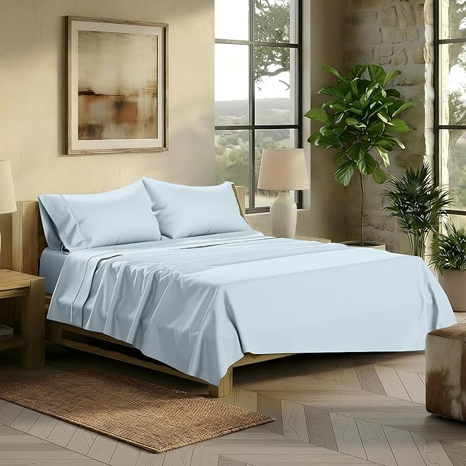 TEXAS LINEN CO. 100% Egyptian Cotton Sheets King Size - Snoozin' Supreme Collection 2000 Series Luxury King Bed Sheet Set, Cooling Sateen Weave, 17” Extra Deep Pocket Hotel Sheets (4 Pc, Light Blue)