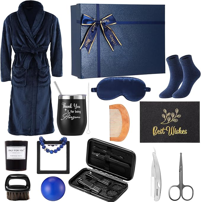 Nuogo 15 Pcs Birthday Gifts for Men Beard Care Set for Him Dad Birthday Gifts Basket Ideas Kit for Men Tumbler Bath Robe for Father's Day Dad Husband Boyfriend Box(Unhooded,Navy)