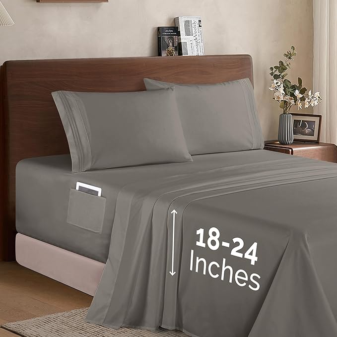 Elegant Comfort Luxury 1500 Premium Hotel Quality Microfiber 4-Piece Sheet Set - Soft, All Around Elastic 18-24 Inches Deep Fitted Sheet - Extra Deep Pocket Sheets, King, Grey