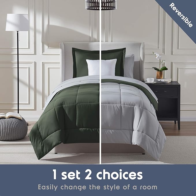 Nestl 7 Piece Twin Comforter Set – Olive Green Reversible Bed in a Bag – Complete Twin Size Bedding Set with Sheets, Set of 2 Cooling Pillows, Pillowcase and Sham