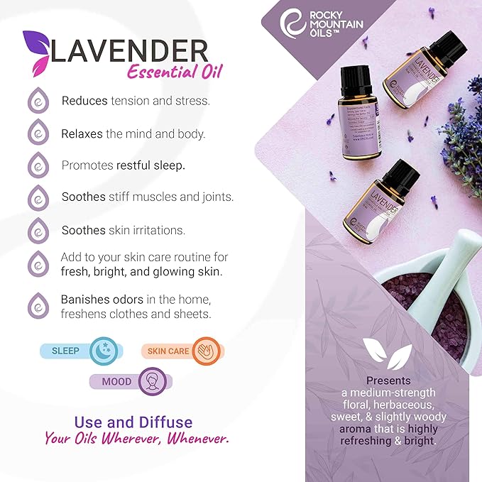 Rocky Mountain Oils Organic Lavender Essential Oil - Aromatherapy Essential Oils for Diffuser, Topical, and Home - 15ml