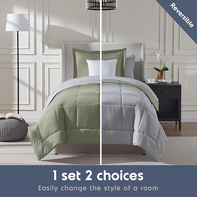 Nestl 7 Piece Twin Comforter Set – Light Sage Reversible Bed in a Bag – Complete Twin Size Bedding Set with Sheets, Set of 2 Down Alternative Pillows, Pillowcase and Sham