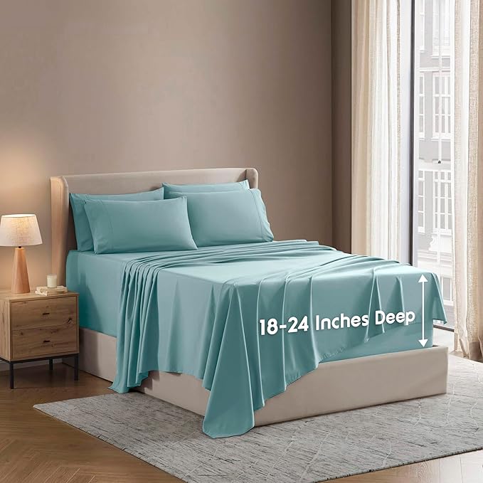 Nestl Extra Deep Full Sheet Set - 6 Piece Breathable & Cooling Sheets - Hotel Luxury Bedding Set w/18-24 Inch Deep Pockets - Easy & Secure Fit - Super Soft, Wrinkle Free & Comfy - Light Blue