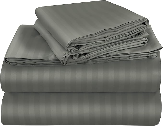ROYALE LINENS 4 Piece Full Sheets Set - Soft Brushed 1800 Microfiber Bedding - 1 Fitted, 1 Flat Sheet, 2 Pillow Cases - Wrinkle Free & Fade Resistant - Hotel Luxury Bed Sheets (Stripe Grey, Full)