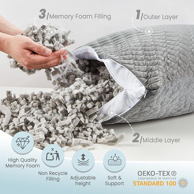 Bafode Memory Foam Pillows Standard Size Set of 2, Shredded Memory Foam Pillows, Cooling Pillow for Sleeping, Adjustable Bed Pillows for Side, Back and Stomach Sleepers