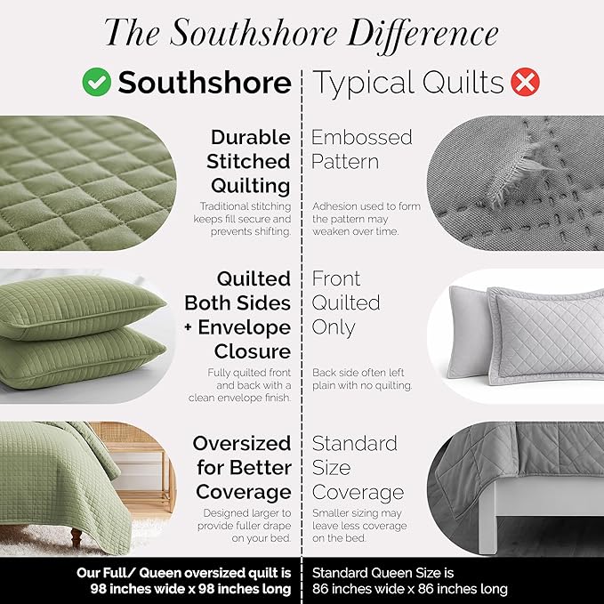 Southshore Fine Living, Inc. Bed Quilts Queen Size Set, Pet Hair Resistant Bedding, Soft Coverlet Queen Size, Full Quilt Set with 2 Pillow Shams, Lightweight Full Bedspread, Sage Green Quilt