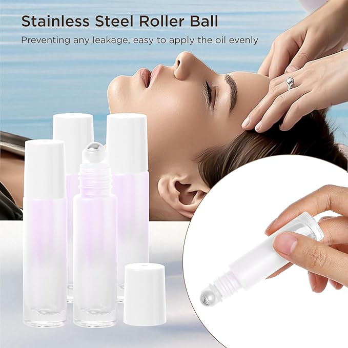 SESENSE Essential Oil Roller Bottles, 10ml Thick Glass Perfume Roller Bottles with Funnel Opener and Dropper Colored Glass Empty Bottles with Stainless Steel Roller Balls (White, 4 Pack)