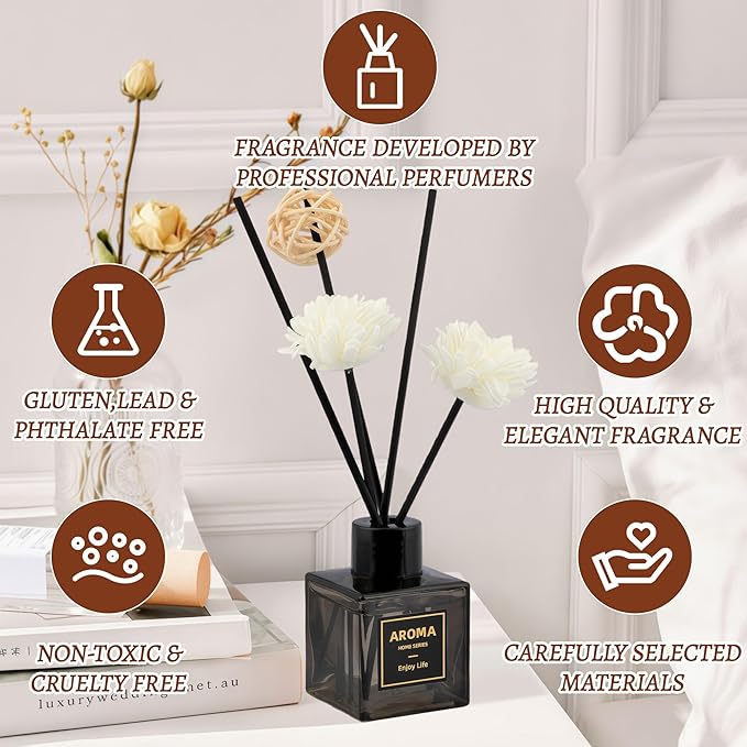 Black Glass Bottle Scent Diffuser, 1.7 oz Reed Diffuser with Sticks, Home Fragrance for Bookshelf, Bedroom Vanity, Office Desk & Bathroom Decor, Air Freshener for Aesthetic Room Decor (Jasmine)