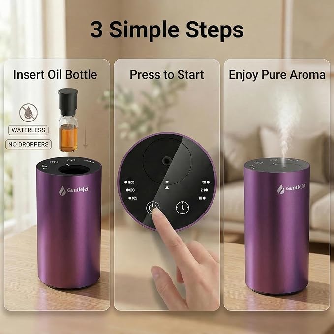 GentleJet LiteMist Waterless Nebulizing Essential Oil Diffuser – Cold Air Aromatherapy, USB-C Cordless 2000mAh Battery, Aluminum Portable for Home Office Car, 20ml