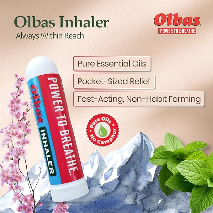 Olbas Inhaler Aromatherapy, Essential Oil Inhaler with Natural Oils, 0.01 Oz, 1 Pack, Pocket Sized Nasal Inhaler Stick for Clear Breathing and Sinus Relief